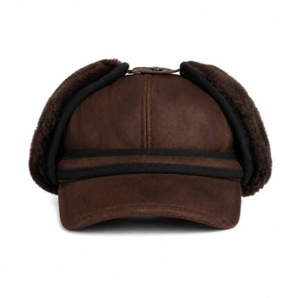 Warm and rugged: Men's shearling sheepskin leather trapper hat with ear flaps, perfect for winter adventures