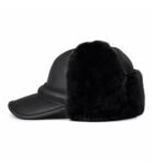 Men's Black shearling sheepskin leather trapper hat with ear flaps, perfect for winter adventures