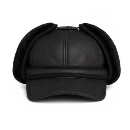 Men's Black shearling sheepskin leather trapper hat with ear flaps, perfect for winter adventures
