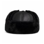 Men's Black shearling sheepskin leather trapper hat with ear flaps, perfect for winter adventures