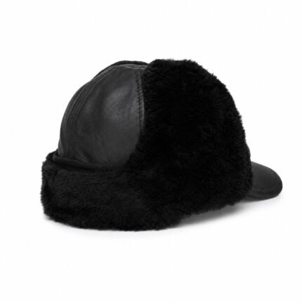 Men's Black shearling sheepskin leather trapper hat with ear flaps, perfect for winter adventures