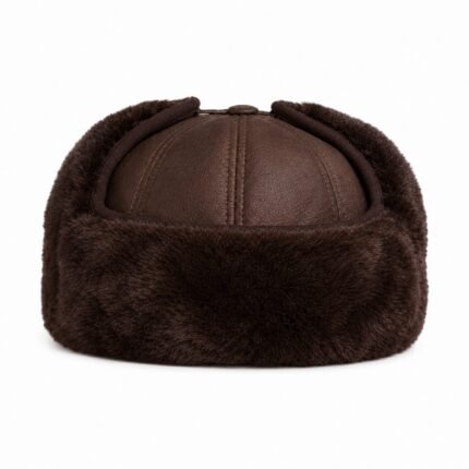 Warm and rugged: Men's shearling sheepskin leather trapper hat with ear flaps, perfect for winter adventures