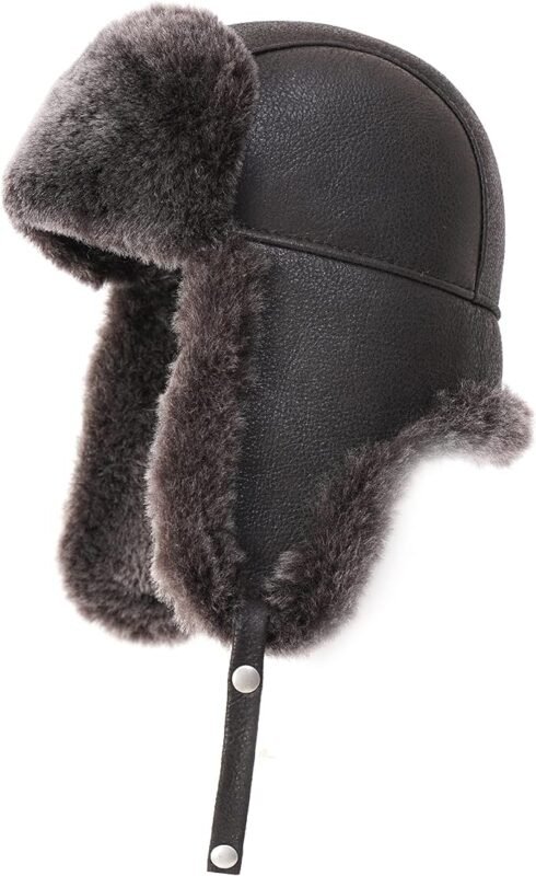 Brown Men’s Hat Fur Leather Aviator Russian Ushanka Trapper Winter Fur ...