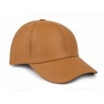 leather baseball cap with curved brim and adjustable back strap.