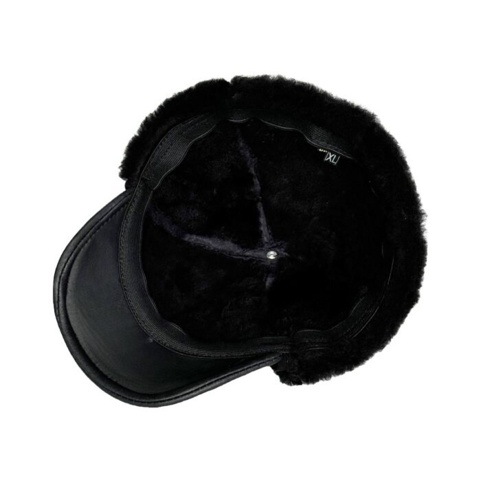 Men's black shearling leather trapper hat with ear flaps