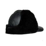 Men's black shearling leather trapper hat with ear flaps