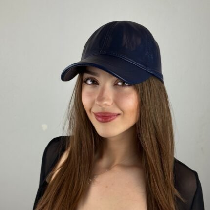 Men’s Genuine Leather Baseball Cap – Adjustable Navy Blue Lambskin Hat