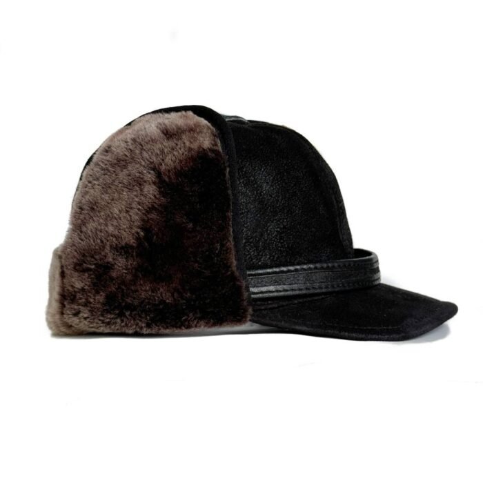 Side view of men's brown shearling leather trapper hat with ear flaps