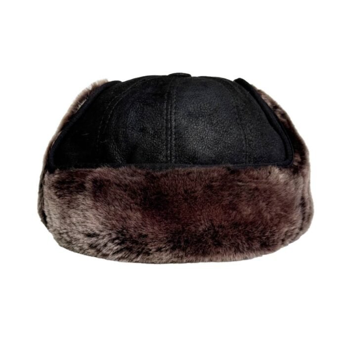 Front view of the men's black shearling leather trapper hat by Lukkizara, featuring ear flaps for extra warmth and styl