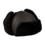 Brown sheepskin fur trapper hat with chin strap and soft interior lining