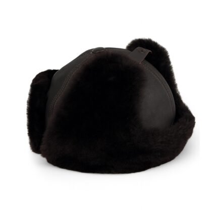 Brown winter trapper hat with sheepskin fur and fold-down ear flaps.