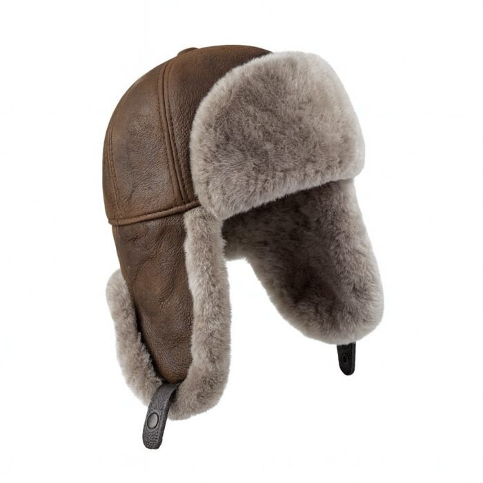 Brown shearling leather trapper hat with soft fur lining, warm winter aviator ushanka style