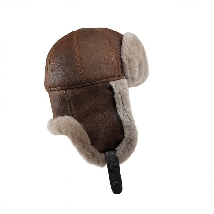 Brown shearling leather trapper hat with soft fur lining, warm winter aviator ushanka style