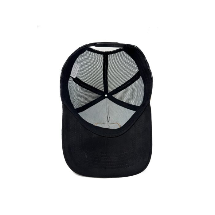 Black trucker cap with suede finish, leather Troy Life logo patch, and breathable mesh back