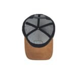 Trucker cap with camel suede brim, white front panel, brown mesh back, and leather Troy Life logo patch