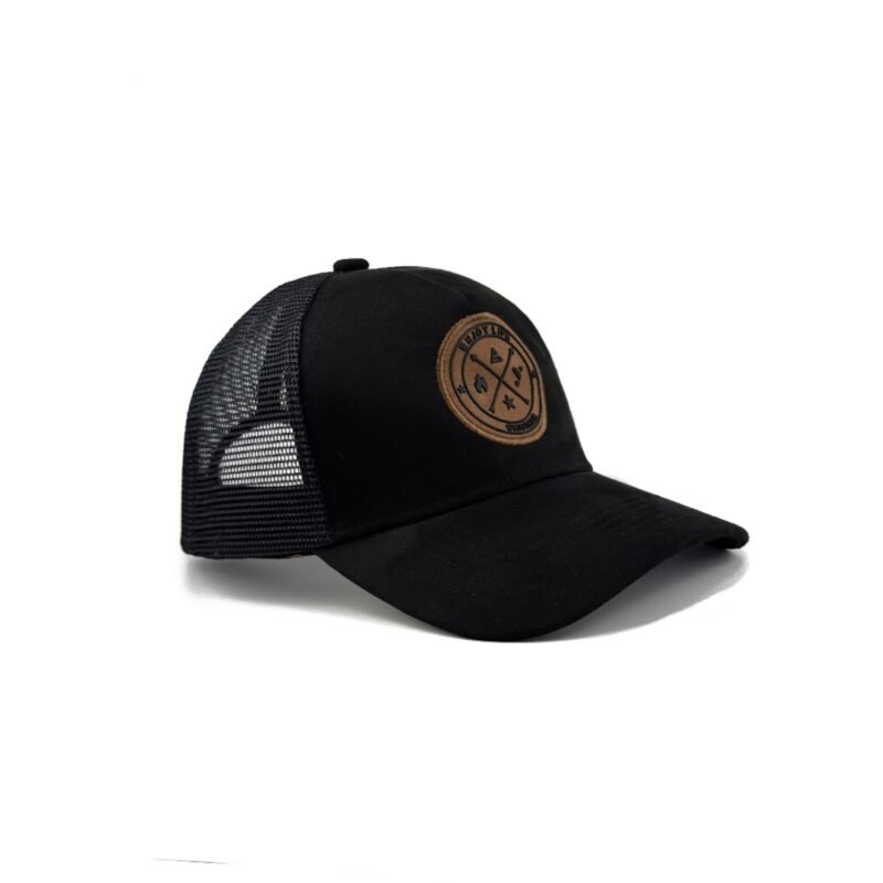Black trucker cap with suede finish, leather Troy Life logo patch, and breathable mesh back