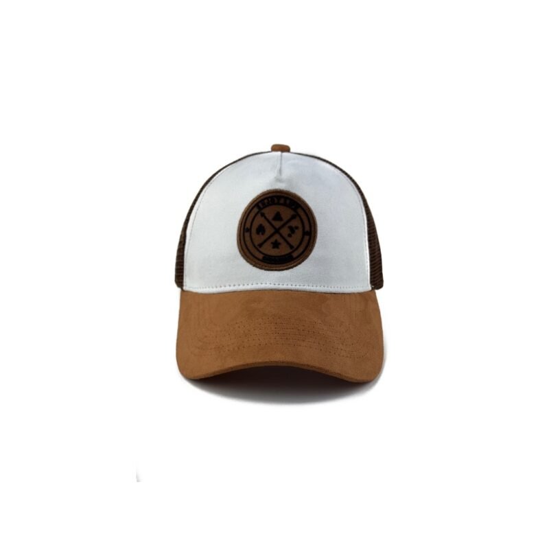 Trucker cap with camel suede brim, white front panel, brown mesh back, and leather Troy Life logo patch