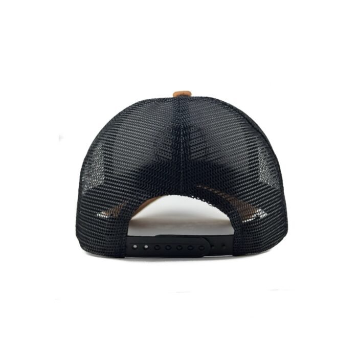 Trucker cap with camel suede brim, white front panel, brown mesh back, and leather Troy Life logo patch