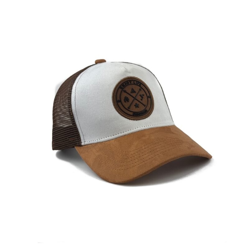 Trucker cap with camel suede brim, white front panel, brown mesh back, and leather Troy Life logo patch