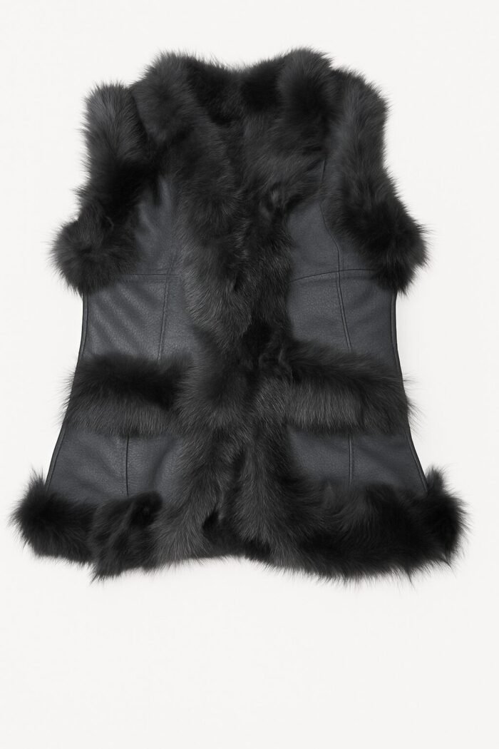 Elegant black leather vest with natural fur detailing, perfect for winter layering.