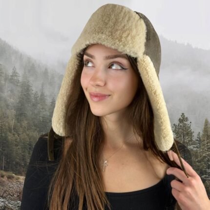 Genuine Leather Trapper Aviator Hat Russian Ushanka Sheepskin Shearling Winter Cap with Ear Flaps for Men and Women