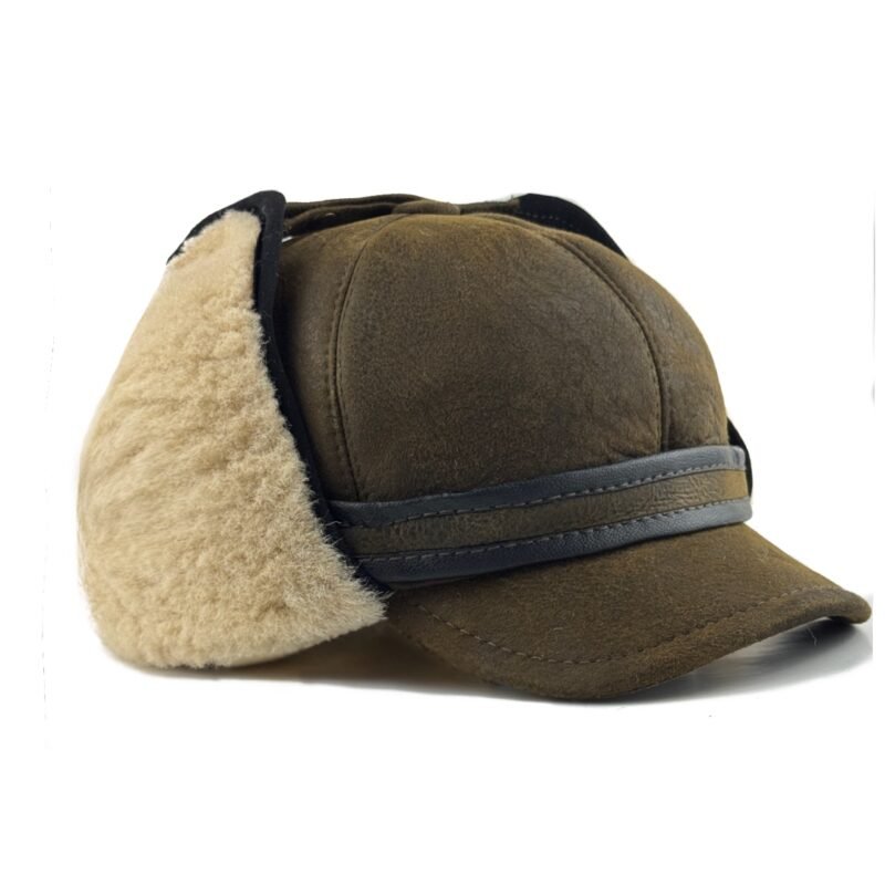 Real Sheepskin Ushanka Trapper Hat with Fur Lining – Warm Winter Aviator Cap for Men