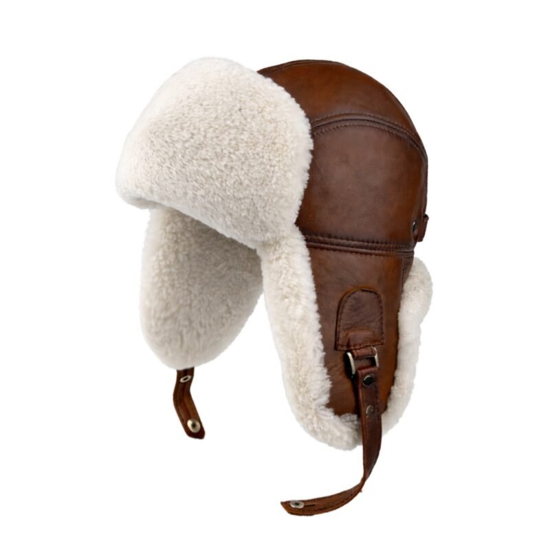 Sheepskin aviator ushanka trapper hat with wool lining