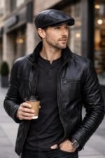 Black leather flat cap viewed from the side