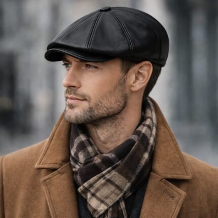 Black Sheepskin Flat Cap for Men – Genuine Leather Newsboy Cabbie Hat, Classic Golf Driver Ivy Cap