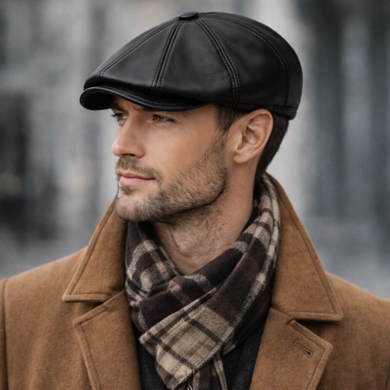 Black Sheepskin Flat Cap for Men – Genuine Leather Newsboy Cabbie Hat, Classic Golf Driver Ivy Cap
