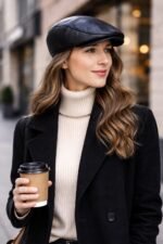 Black leather flat cap viewed from the side