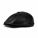 Black Sheepskin Flat Cap for Men – Genuine Leather Newsboy Cabbie Hat, Classic Golf Driver Ivy Cap