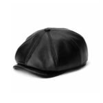 Black Sheepskin Flat Cap for Men – Genuine Leather Newsboy Cabbie Hat, Classic Golf Driver Ivy Cap