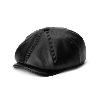 Black Sheepskin Flat Cap for Men – Genuine Leather Newsboy Cabbie Hat, Classic Golf Driver Ivy Cap