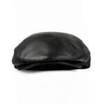 Black leather flat cap viewed from the side