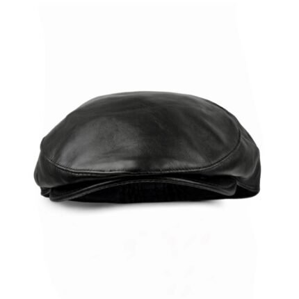Black leather flat cap viewed from the side