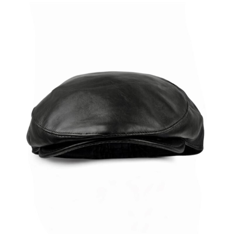 Black leather flat cap viewed from the side