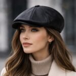 Black Sheepskin Flat Cap for Men – Genuine Leather Newsboy Cabbie Hat, Classic Golf Driver Ivy Cap