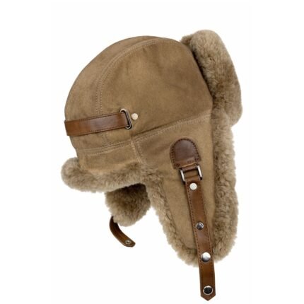 Genuine sheepskin trapper hat with natural fur lining and ear flaps, classic winter aviator style