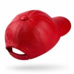 Red leather baseball cap with curved brim and adjustable back strap.