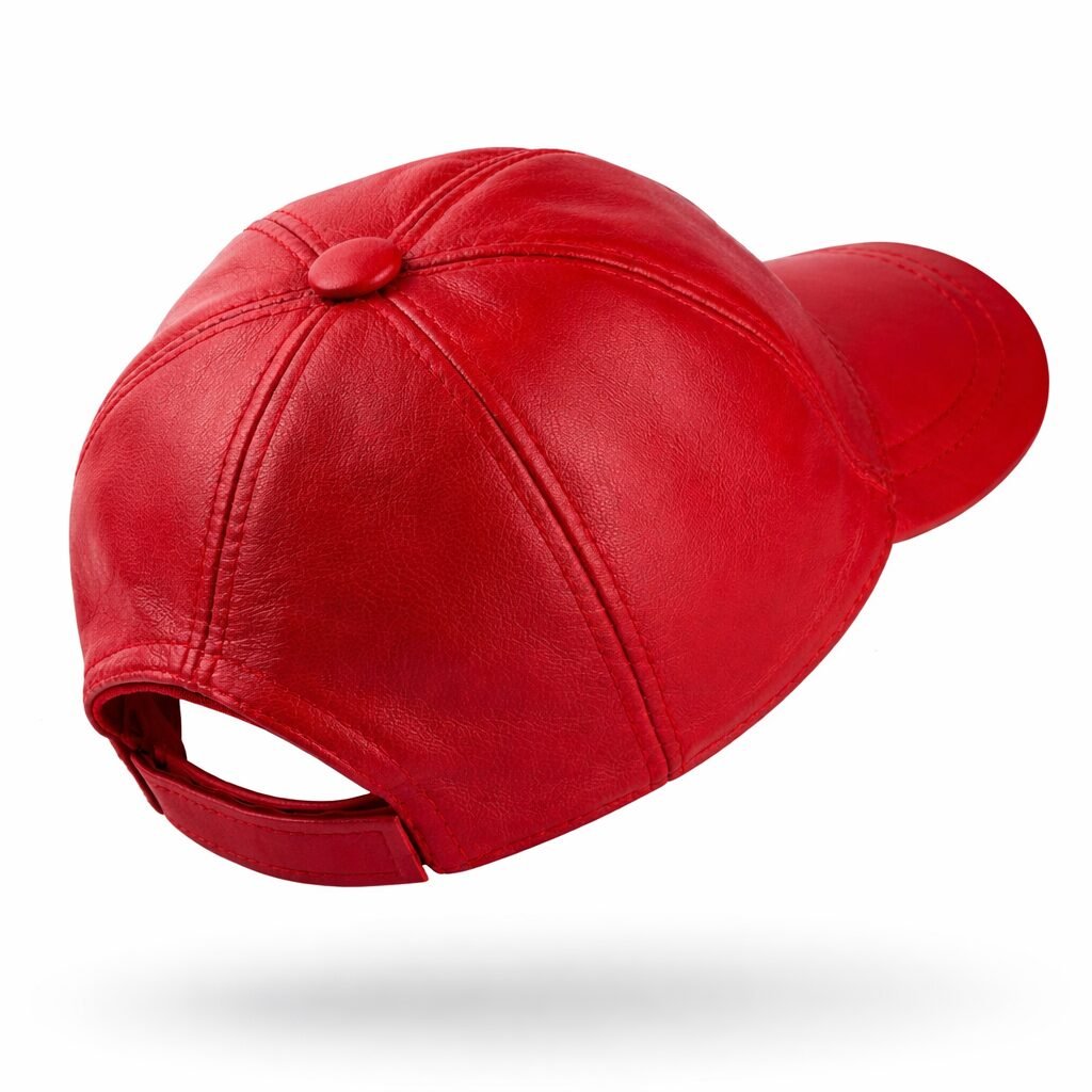 Red Leather Baseball Cap Red leather baseball cap with curved brim and adjustable back strap.