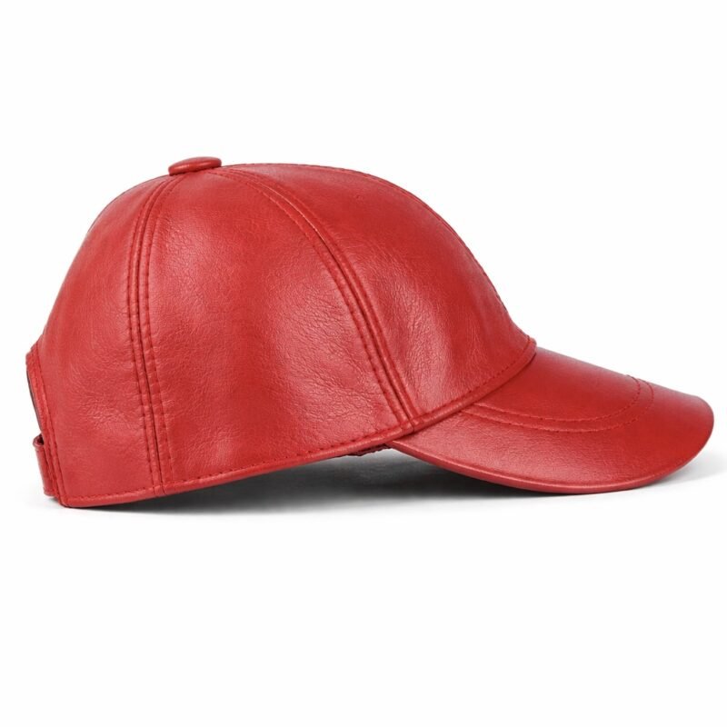 Red leather baseball cap with curved brim and adjustable back strap.
