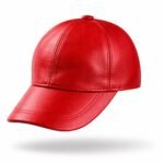Red leather baseball cap with curved brim and adjustable back strap.