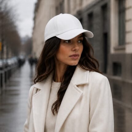 Leather baseball cap with curved brim and adjustable back strap.