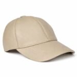 Beige leather baseball cap with a curved brim and structured six-panel design on a light gray background.