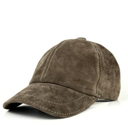 leather baseball cap with a curved brim and structured six-panel design on a light gray background.