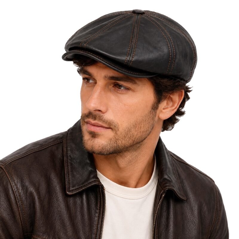 Leather Newsboy Cap for Men – Genuine Sheepskin Flat Cap in Dark Brown