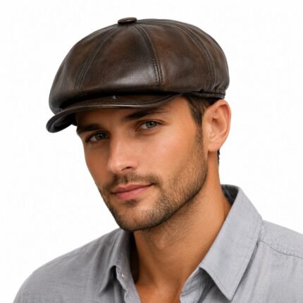 Leather Newsboy Cap for Men – Genuine Sheepskin Flat Cap