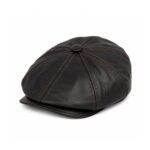 Leather Newsboy Cap for Men – Genuine Sheepskin Flat Cap in Dark Brown