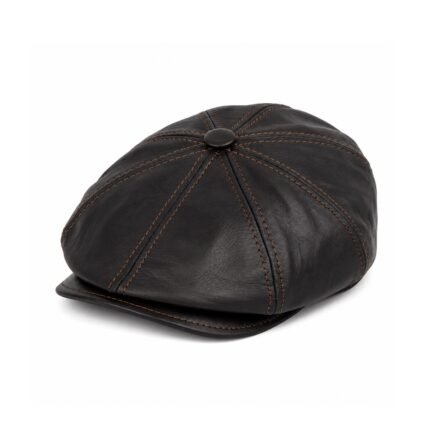 Leather Newsboy Cap for Men – Genuine Sheepskin Flat Cap in Dark Brown